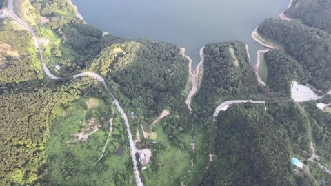 Top Down Drone Flyover Along a Scenic Island in a Korean Reservoir Stock Footage 343194272