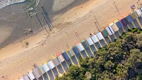 Top Down Drone Flyover of Brighton Beach Boxes Video stock 329167568