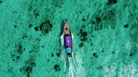 Top Down Drone Following Thai Longtail Boat Phi Phi Island Stock Footage 331145053
