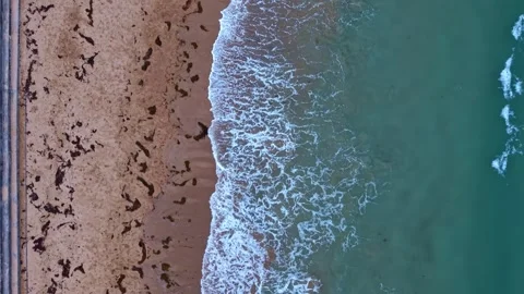 Top-down drone forward flyover above surf breaking on Longchamp Beach, Emerald Stock Footage 342074026