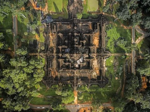 Top-Down Drone Map View Of Bayon Temple Complex, Angkor Thom, Cambodia Fotos de archivo