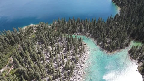 Top Down Drone Moving Over Alpine Lake Shore in Cuopu Valley China Stock Footage 330279758