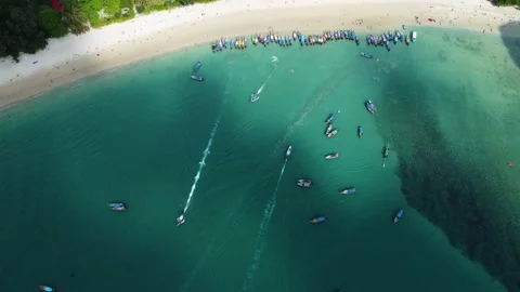 Top Down Drone Over Railay Beach Boats and Turquoise Water Krabi Stock Footage 331145072