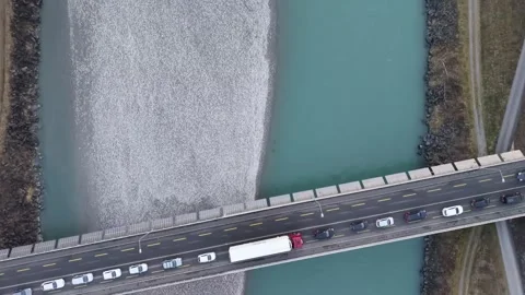 Top Down Drone Over Turquoise Rhine River Border Bridge 스톡 동영상 329557847