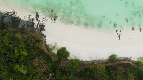 Top Down Drone Pan Over Empty Tropical Beach Between Jungle and Turquoise Sea Stock Footage 338122102