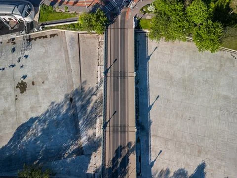 Top-Down Drone Photo of Empty Zielinski Bridge and Dry Artificial Lake, Budapest Stock Photos