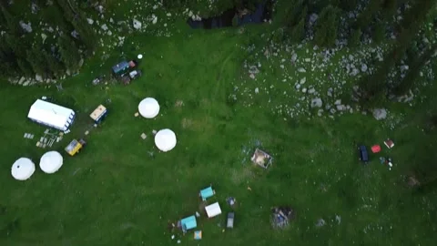 Top Down Drone Pull Away From Nomad Base Camp. Kyrgyzstan, Karakol Stock Footage 332943450