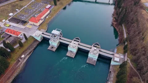 Top down drone push over hydro dam Stock Footage 330226883