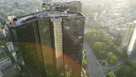Top down drone reveal above Deutsche Bank twin towers Stock Footage 331880091