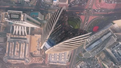 Top-Down Drone of Ribbed Skyscraper, Kuwait City—Glass Fins, Atrium Tiers Stock Footage 324895350