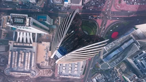 Top-Down Drone of Ribbed Skyscraper Complex, Kuwait City—Symmetry, Streets Stock Footage 324899421