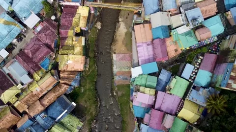 Top-Down Drone Rise Over Colorful Village, Malang, Indonesia Stock Footage 315190972