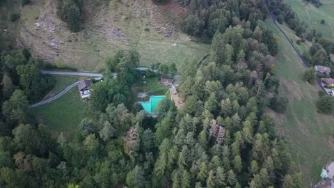 Top down drone rising over mountain pool among pine trees Stock Footage 343628482