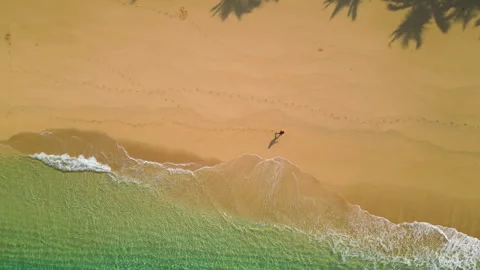 Top down drone shot above a woman walking on a Beach, sunny day in Sao Tome Vídeo Stock 301373235