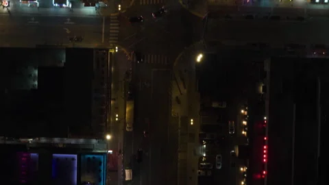 Top down drone shot above the illuminated Broadway street, night in Nashville Stock Footage 301844989