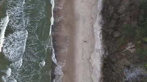 Top-Down Drone Shot of Baltic Beach and Forest, Łukęcin, Poland – 04.01.2025 Stock Photos