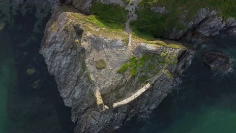 Top Down Drone shot of Black Castle ruins in Wicklow, Ireland Stock Footage 165821256