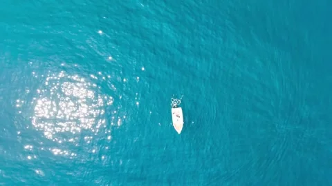 Top Down Drone Shot of Boat Floating on Clear Blue Sea. Stock-Footage 312767585
