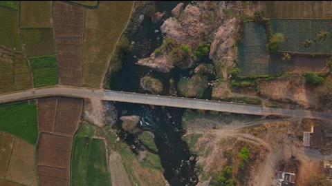 Top down Drone shot of a bridge over a river and farms in rural India Stock Footage 305268282
