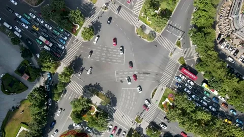 Top Down Drone Shot of Busy Urban Road Intersection Stock-Footage 231937701