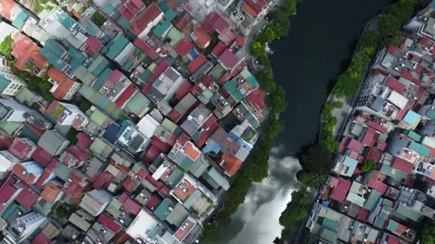 Top down drone shot of dense populated area in Hanoi, Vietnam 4K Stock Footage 246860178