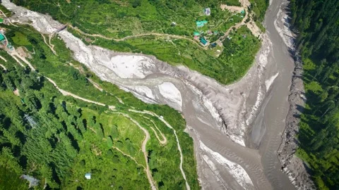 Top-down drone shot of floods heavy sediment accumulation river Stock-Footage 345276337