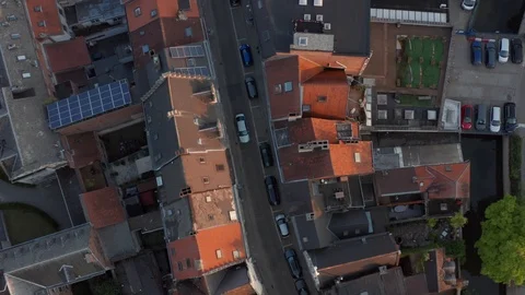 Top down drone shot of flying over city of Leuven downtown low buildings Video stock 123022554