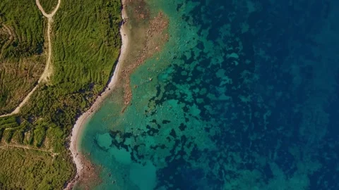 Top down drone shot flying over green coastline and turquoise sea Stock Footage 337792039