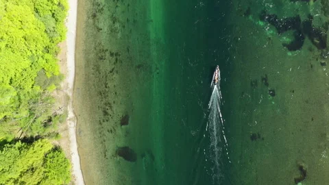 Top down drone shot following motorboat along river, aerial tracking view over w Video stock 333528643