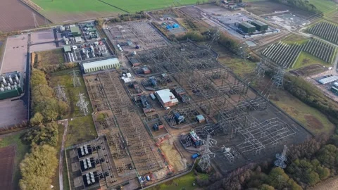 Top down drone shot of geometric electricity cables and distribution Stock Footage 336710849