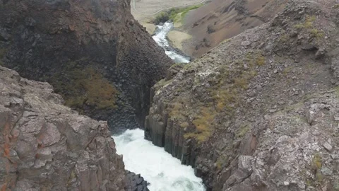 Top-down drone shot of Litlanesfoss waterfall in Iceland Stock Footage 279675754