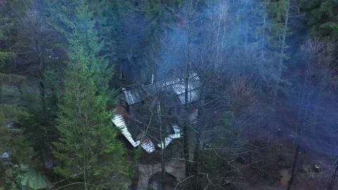 A top-down drone shot of a log cabin placed in the middle of the woods Stock Footage 146219831
