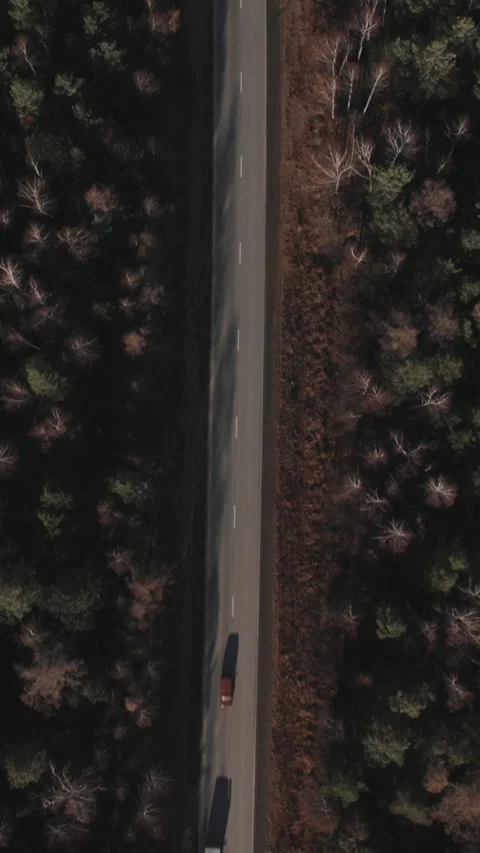 Top down drone shot of lonely car on straight forest road in Ural Mountains Stock Footage 346559072