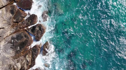 Top Down Drone Shot of Ocean Waves Japan Calm Powerful Nature Scene Stock Footage 336674926