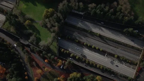 Top Down Drone Shot Over Freeway and Green Park Area – Cars in Motion Stock Footage 305347990