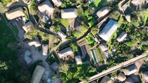 Top-down drone shot over a traditional rural village with thatched roofs Stock Footage 313171655
