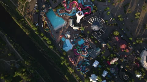 Top down drone shot over the Elitch Gardens, sunset in Denver, Colorado, USA Stock Footage 313266300