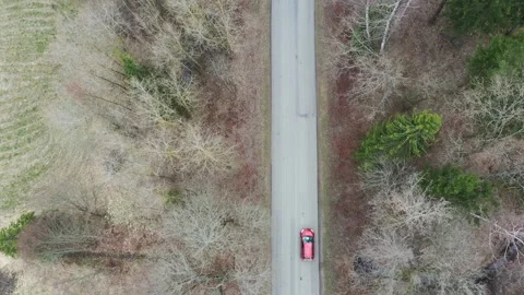 Top-Down Drone Shot of Red Car Driving on Rural Road Through Forest Stock Footage 327539657