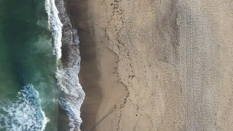 Top down drone shot of someone walking along the shoreline of a beach Stock Footage 250070021