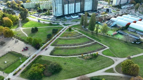 Top-Down Drone Shot of Triangular Garden and Park Layout in Gdańsk Stock Footage 321400659