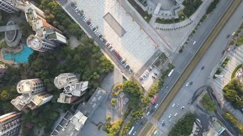 Top Down Drone Shot Of Urban Plaza And Road Traffic Stock-Footage 231938027