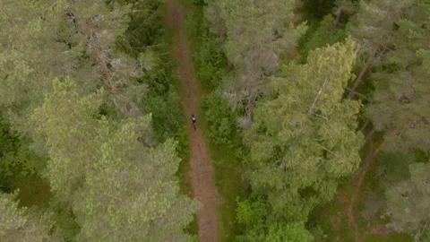 Top down drone tracking cyclist on dirt trail, Falun, Sweden, overcast summer. Stock Footage 347054874