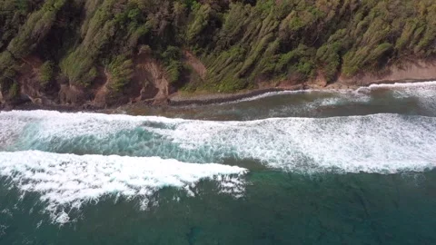 Top-Down Drone Tracking Waves to Vegetated Cliff – Martinique Coastline Stock Footage 317565613