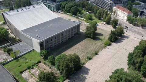 Top Down Drone View of Abandoned Vilnius Palace of Concerts and Sports Stock Footage 324768337