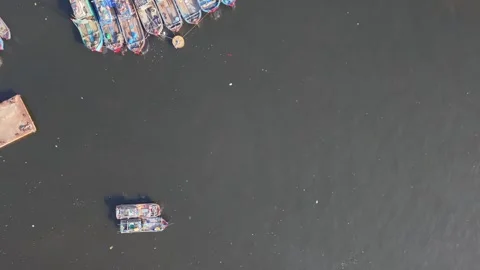 Top Down Drone View of Anchored Fishing Boats in Da Nang Harbor Stock Footage 340199123