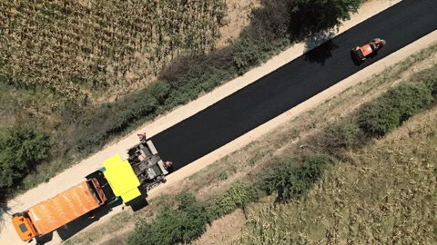 Top Down Drone View of Asphalt Paving Operation in Mozgovo Serbia Stock-Footage 331605379