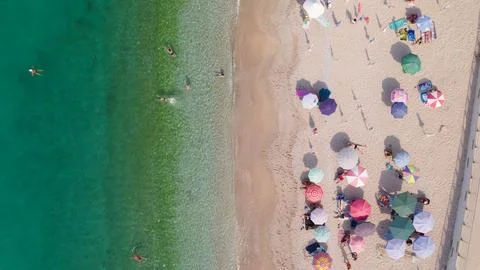 Top-Down Drone View of Beach and Sea in Himare Albania Stock Photos
