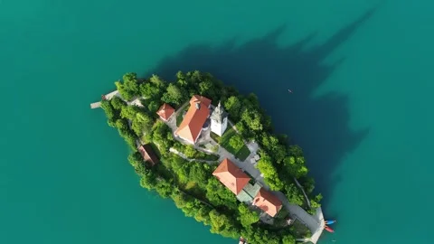 Top Down Drone View of Bled Island, Lake Bled, Slovenia Stock Footage 340620822
