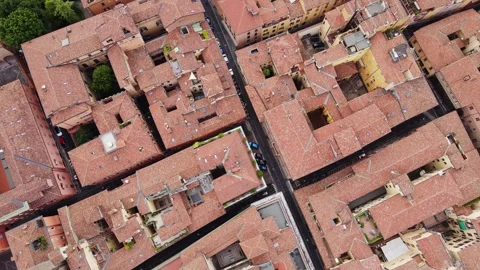 Top Down Drone View Of Bologna Italy Red Roofs And Narrow Streets Evening Light Stock Footage 317243459