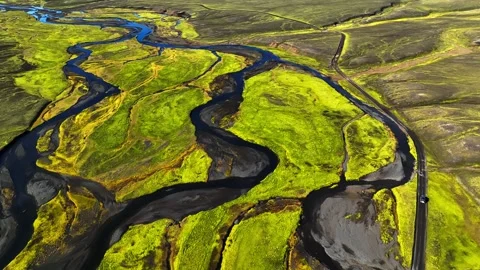 Top-down drone view of braided river channels cutting through bright green moss Vídeo Stock 330911338